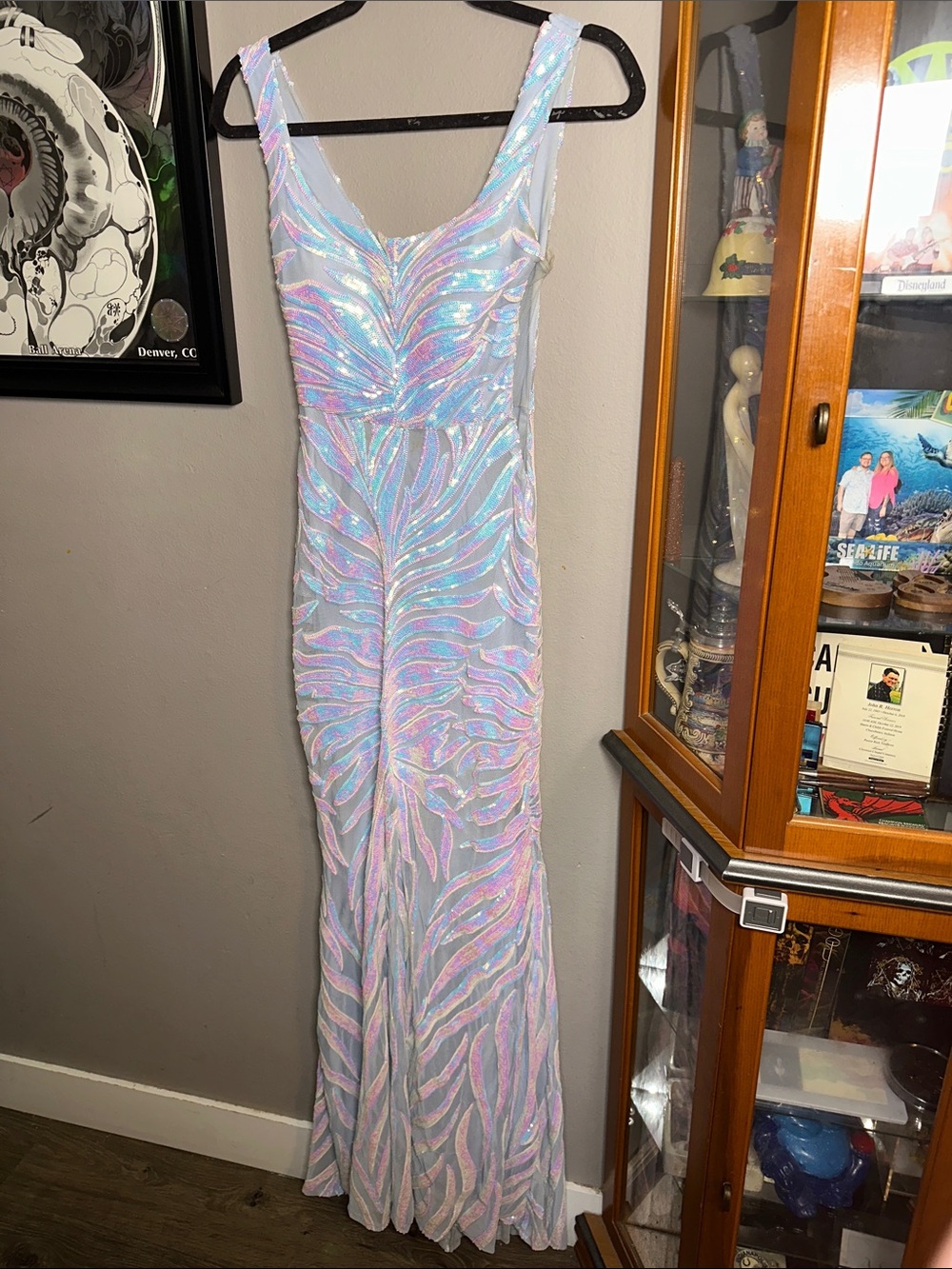 B. Smart Iridescent Sequin Maxi Dress in Light Blue and Pastel Pink